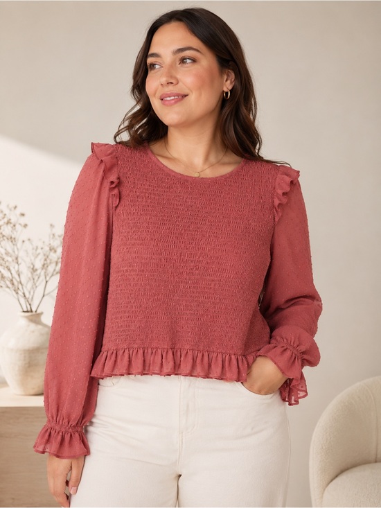 Oak & Trellis Tops - Oak & Trellis Dusty Rose Smocked Swiss Dot Peplum Blouse Large